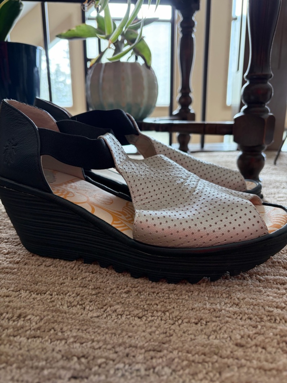"Fly London silver perforated wedge sandal"